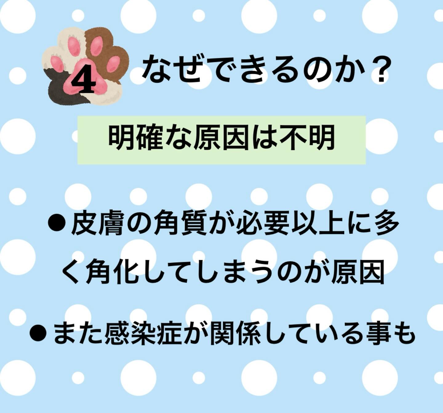 ④皮角ができる明確な原因は不明で、皮膚の角質が必要以上に多く角化してしまったり、感染症が関係していることもあります。